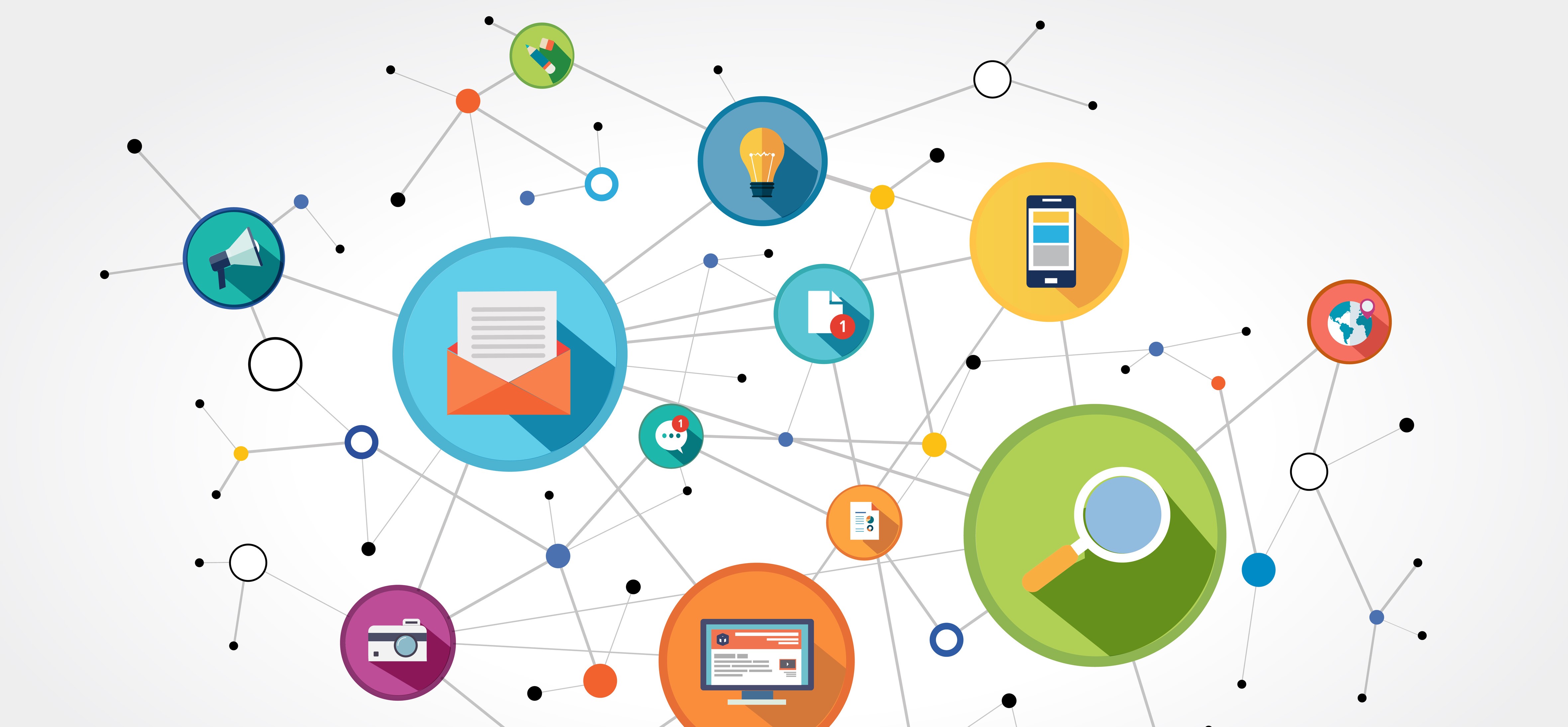 A cartoon of a graph connecting bubble with icons of various documents and information sources 